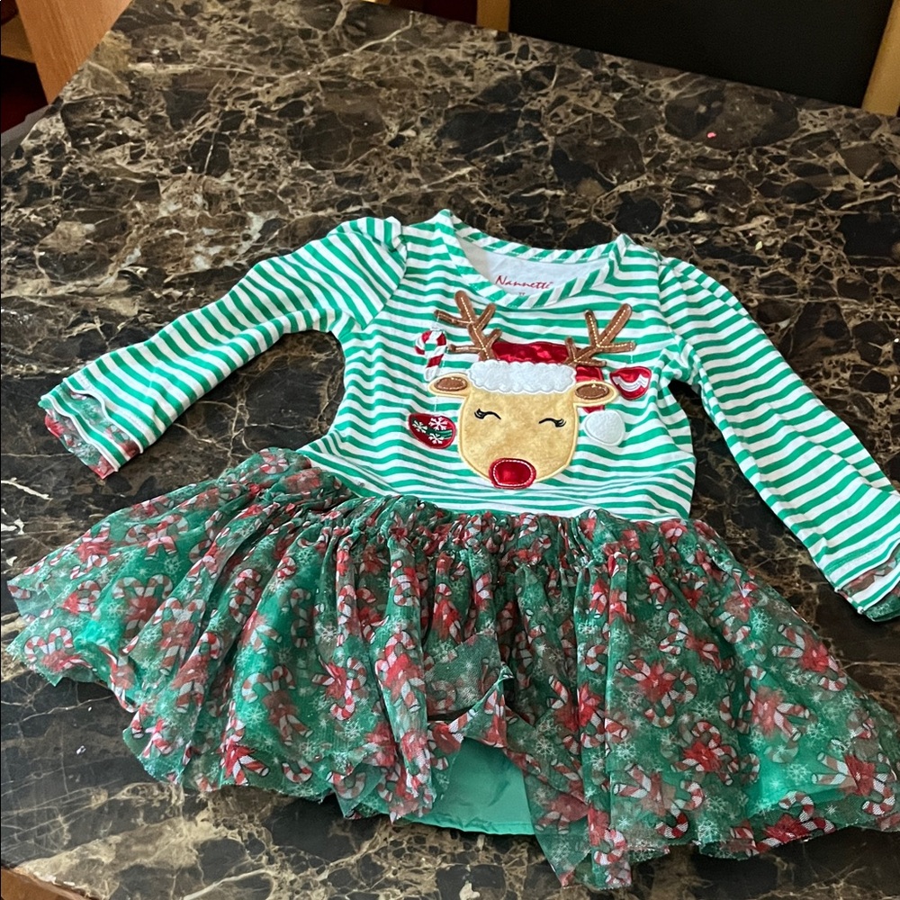 Christmas 2T girl toddler Preschool Dress Striped Reindeer Tutu Dress holiday